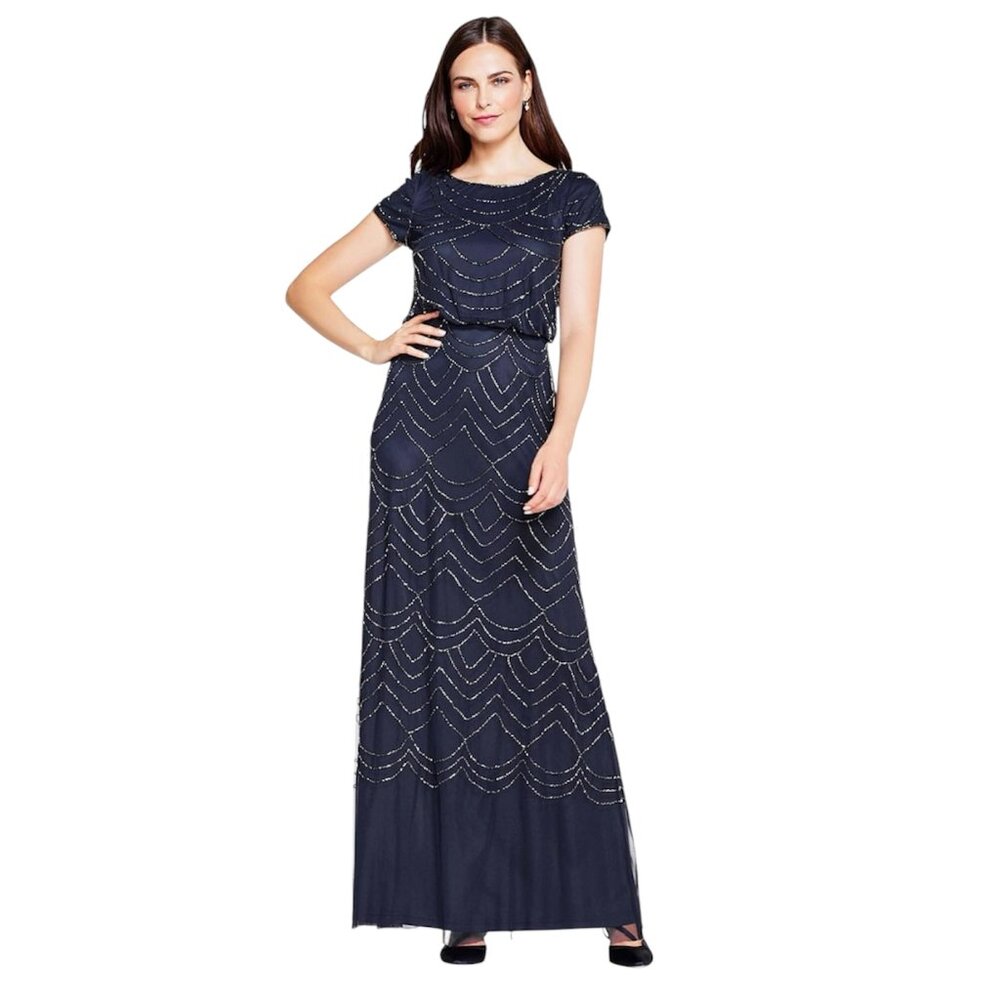 Adrianna Papell Short Sleeve Beaded  Evening Dress Navy Size 0